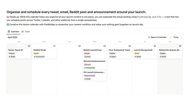 Content Calendar preview